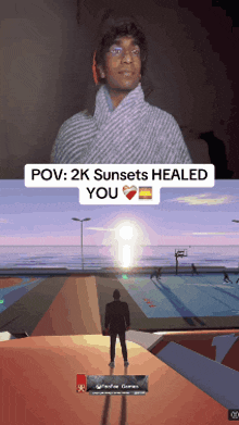 a screenshot of a video game that says " pov 2k sunsets healed you " at the top
