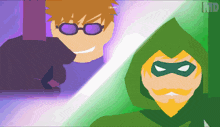 a cartoon of a man and a green arrow