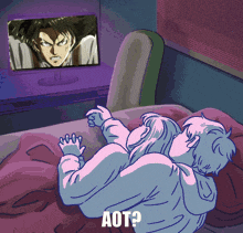 a couple laying on a bed watching a tv with the words aot on the bottom left