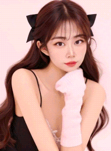 a woman wearing a black dress and white gloves with a black bow in her hair .