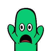 a cartoon drawing of a green cactus with a surprised look on his face