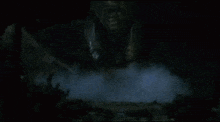 a giant monster is standing in the fog in the dark .