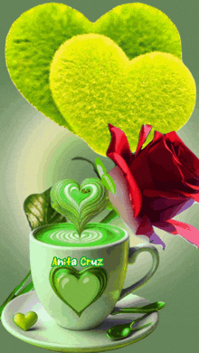 a cup of green coffee with a heart on it and the name anita cruz at the bottom