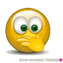 a yellow smiley face is holding a red heart in its hand and saying good morning twinkie .