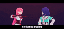 two anime girls are standing next to each other with the words stellarene arguing written below them