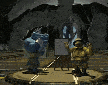 two cartoon characters are standing next to each other in front of an easel