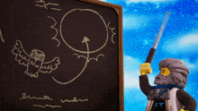 a lego man is pointing at a blackboard with a drawing of an owl and a circle on it