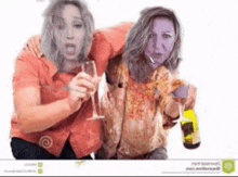 two women are holding wine glasses and a bottle of wine . one of the women has a purple face .