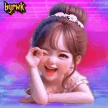 a cartoon girl with a flower in her hair is laying in the water and smiling .
