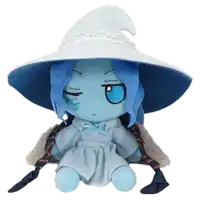 a blue stuffed animal with a white hat and blue hair