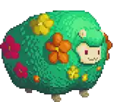 a pixel art of a green sheep with flowers on it 's fur