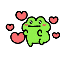 a green frog with the letter c on its face is surrounded by red hearts .