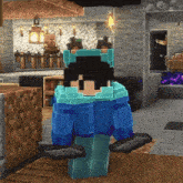 a minecraft character is holding a sword and wearing a blue jacket