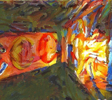 a colorful painting of a person 's face with a red circle in the middle