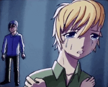 a cartoon of a boy crying while a man stands behind him