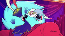 a cartoon character is laying on a bed with a ghost shadow behind her