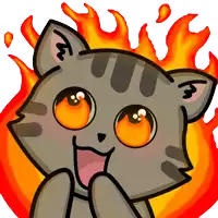 a cartoon cat with big orange eyes is smiling with flames behind it