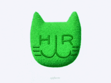a green cat shaped pillow with the word hr written on it