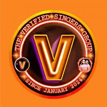 a logo for the verified singers group shows a neon letter v