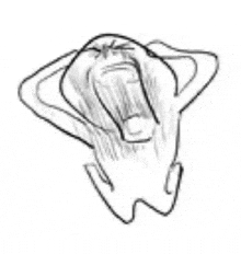 a black and white drawing of a person screaming with their hands over their head .