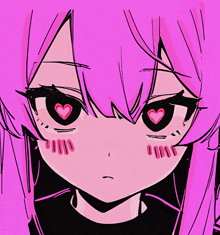 a drawing of a girl with pink hair has hearts in her eyes