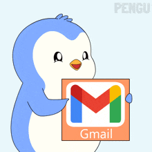 a penguin holds up a sign that says gmail