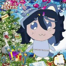 a happy birthday greeting card with a cartoon character and a christmas tree