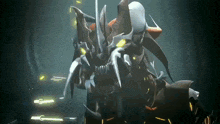 a monster with a sword in its mouth is in a dark room ..