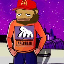 a cartoon monkey wearing a red mcdonald 's hat