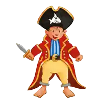 a cartoon of a boy dressed as a pirate with a fish on his hat