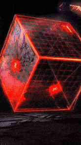 a glowing red cube with a black background and a lightning bolt in the background