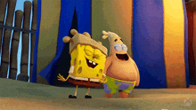 spongebob and patrick are standing next to each other in front of a tent