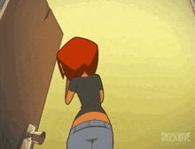 a cartoon of a woman standing in front of a door with the word shockwave on the bottom