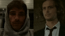 a man with a hoodie on his head next to a man in a suit