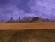 a computer generated image of a robot in a desert with mountains in the background