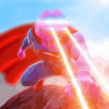 a painting of superman with a red cape flying through the air