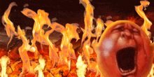 a cartoon of a person screaming in front of a fire background