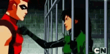 a cartoon of a man and a woman standing next to each other in a jail cell .