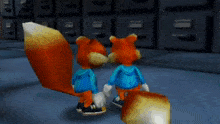 two cartoon squirrels are standing next to each other with money falling around them
