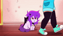 a cartoon character with purple hair is sitting on the floor with a person walking behind her