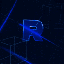 a blue letter r is surrounded by blue lines on a dark blue background