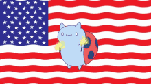 an american flag with a ladybug and a cat in front of it