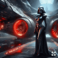 a female darth vader stands in front of a space ship