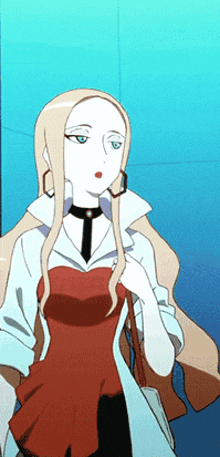 a woman with long blonde hair is wearing a red dress and a choker