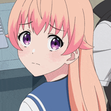 a girl with pink hair and purple eyes has a serious look on her face