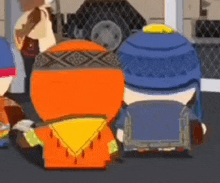 a group of cartoon characters from south park are standing next to each other on a street .