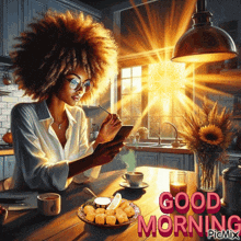 a painting of a woman sitting at a table with a plate of food and the words " good morning " on the bottom