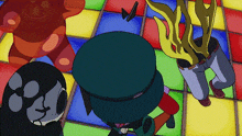 a group of cartoon characters dancing on a colorful dance floor