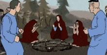 a group of people are standing around a pentagram in a circle