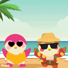 a cartoon of two birds on the beach with the words summer fun above them